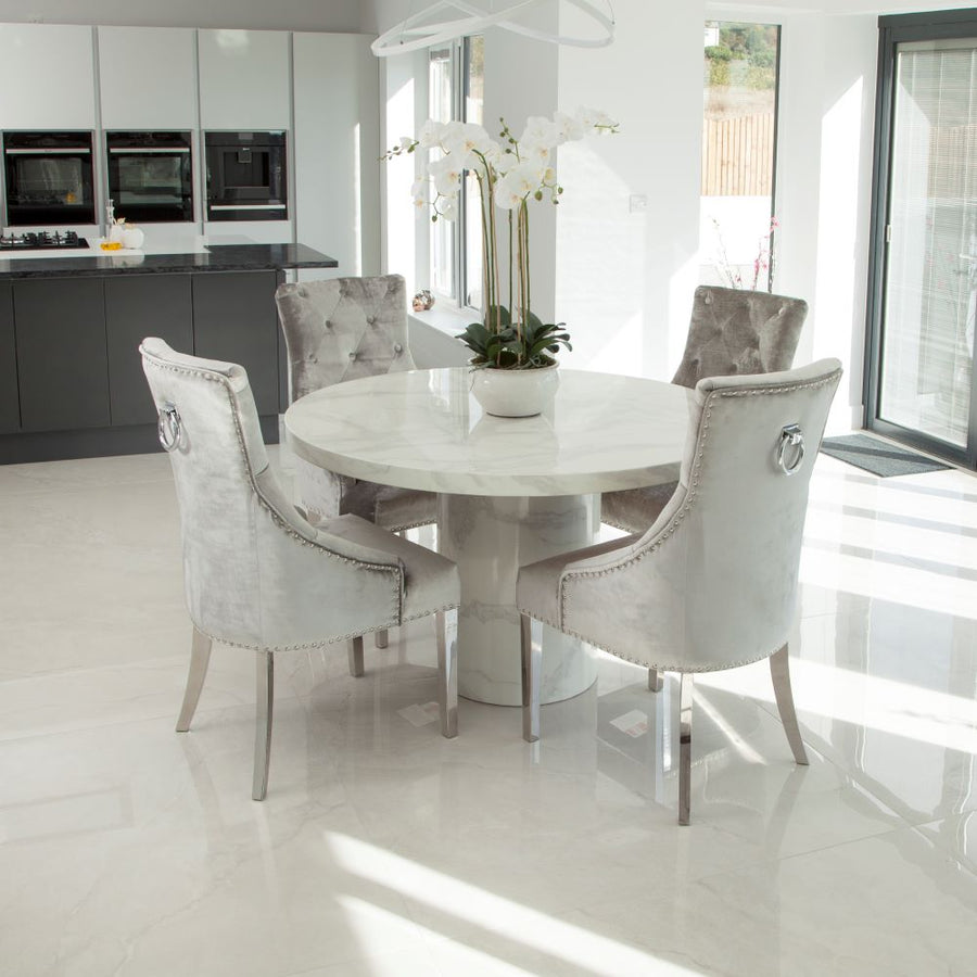 Carrara Marble Marble Dining Table with 4 or 6 Dark Grey Velvet chairs