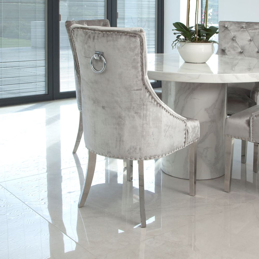 Carrara Marble Marble Dining Table with 4 or 6 Dark Grey Velvet chairs