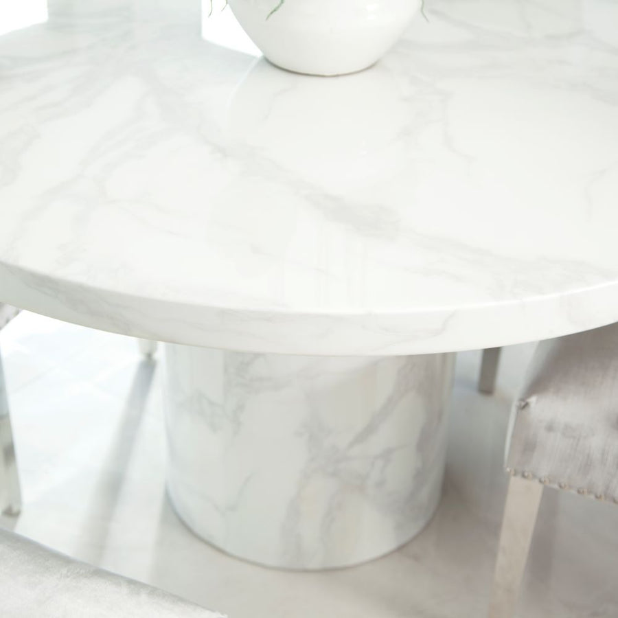 Carrara Marble Marble Dining Table with 4 or 6 Dark Grey Velvet chairs