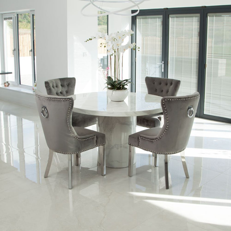 Carrara Marble Marble Dining Table with 4 or 6 Dark Grey Velvet chairs