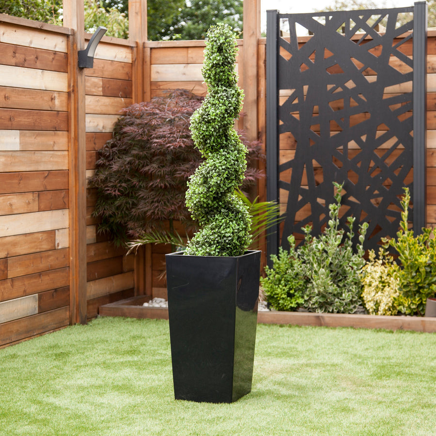 Artificial Buxus Spiral Topiary in Black Planter