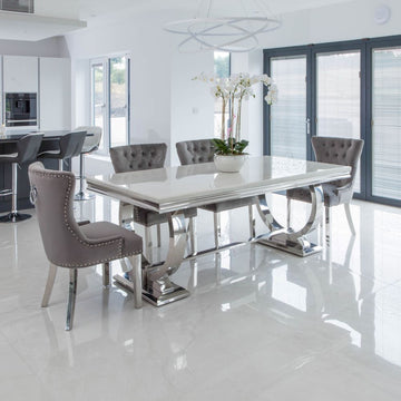 Venice White Marble Dining Table with 4 or 6 Velvet chairs