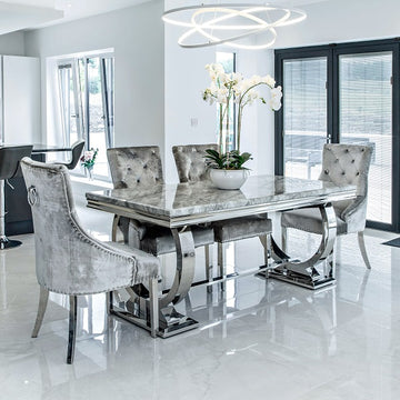 Venice Grey Marble Dining Table with 4 or 6 Velvet chairs